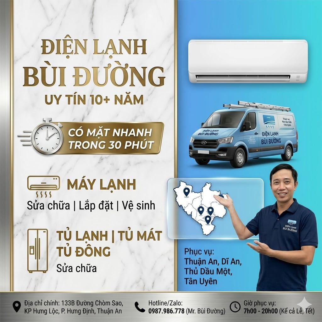 Kỹ thuật viên Điện Lạnh Bùi Đường đang sửa máy lạnh